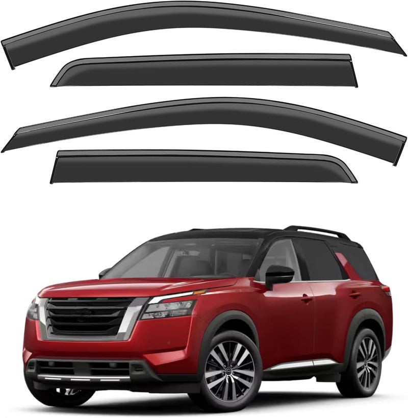 Vesul Tape-On Rain Guards for Nissan Pathfinder 2022-2026 Wind Deflectors Anti-Rain Window Visors with Tape 304 Stainless Steel Trim–Noise Reduction&All-Weather Protection Outside Channel - Image 1